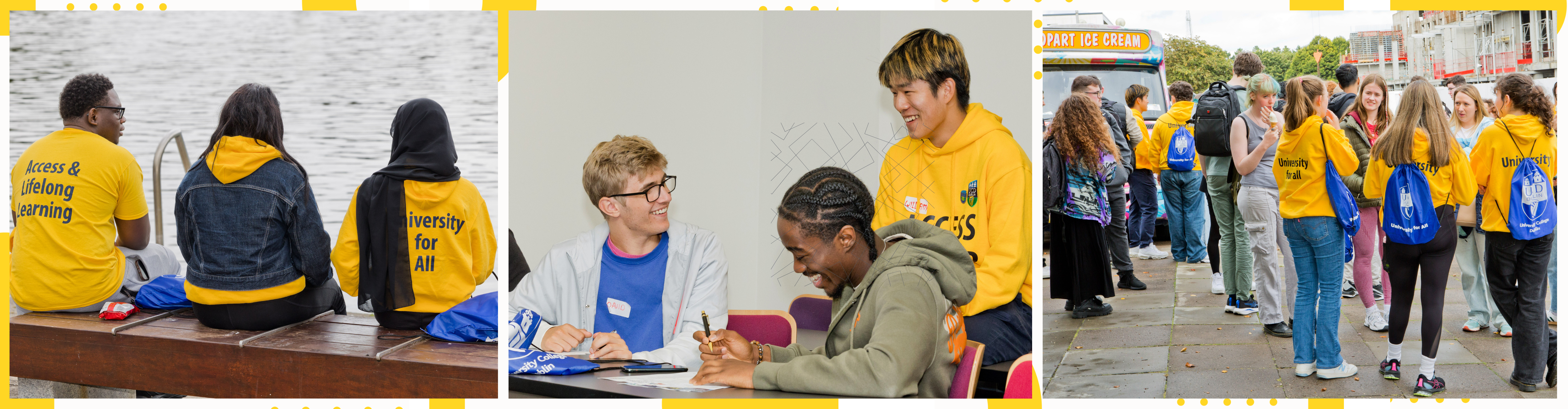 3 photographs of access leaders interacting with students